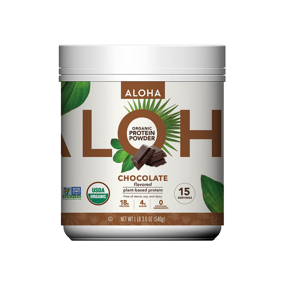 ALOHA organic chocolate protein tin on kitchen counter, showcasing recyclable packaging and protein benefits.