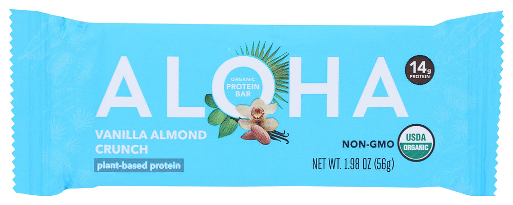 ALOHA Vanilla Almond Crunch 12-pack bar, convenient protein snack.