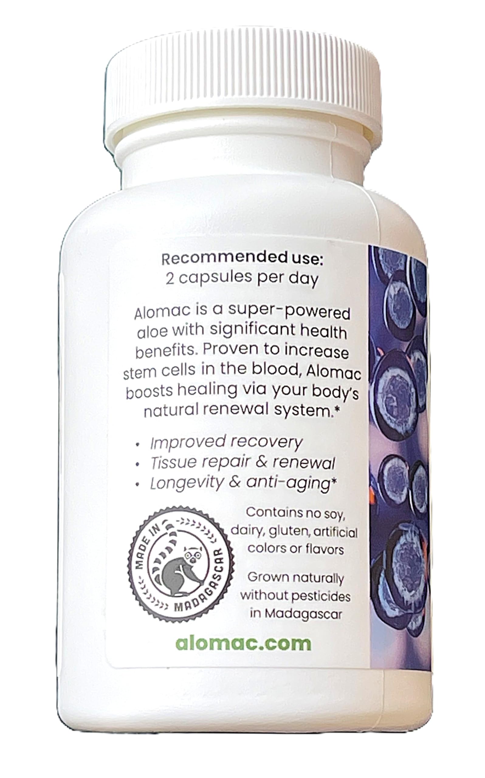 Close-up of Alomac Pure STEMulant capsules highlighting pesticide-free sourcing