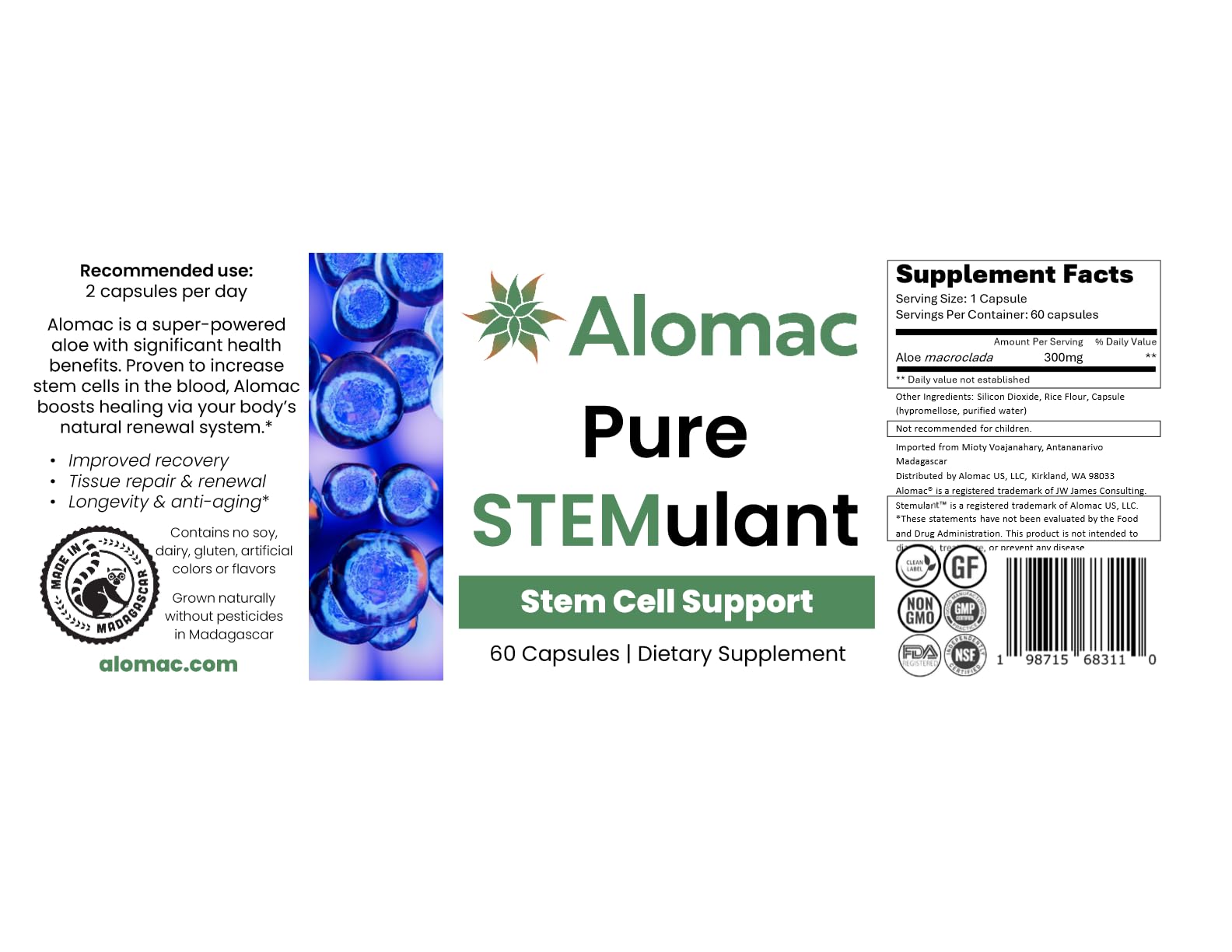 Label detail of Alomac Pure STEMulant showing 300 mg dosage and stem cell focus
