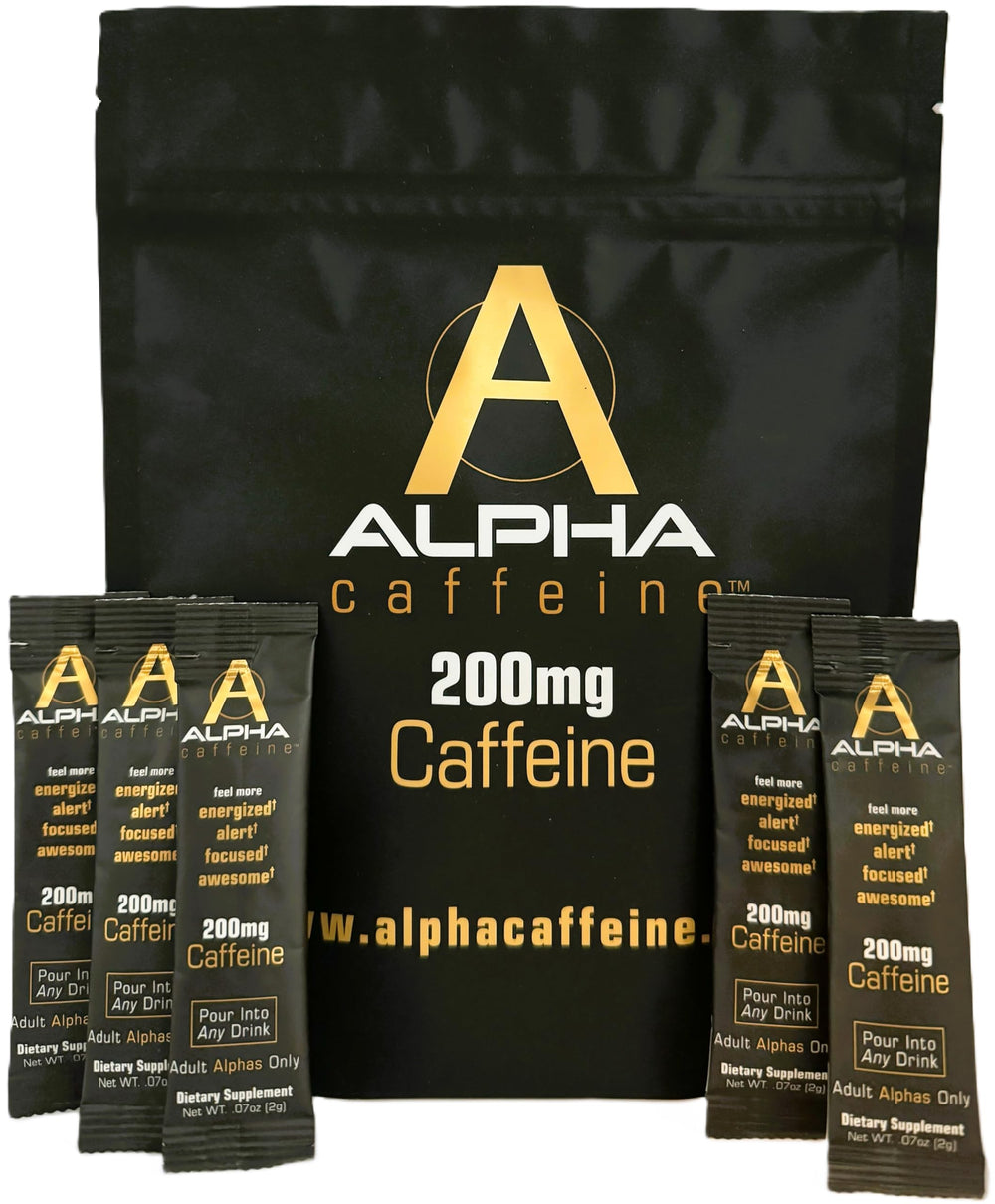 Alpha Caffeine bottle pouring to show quick energy for busy days