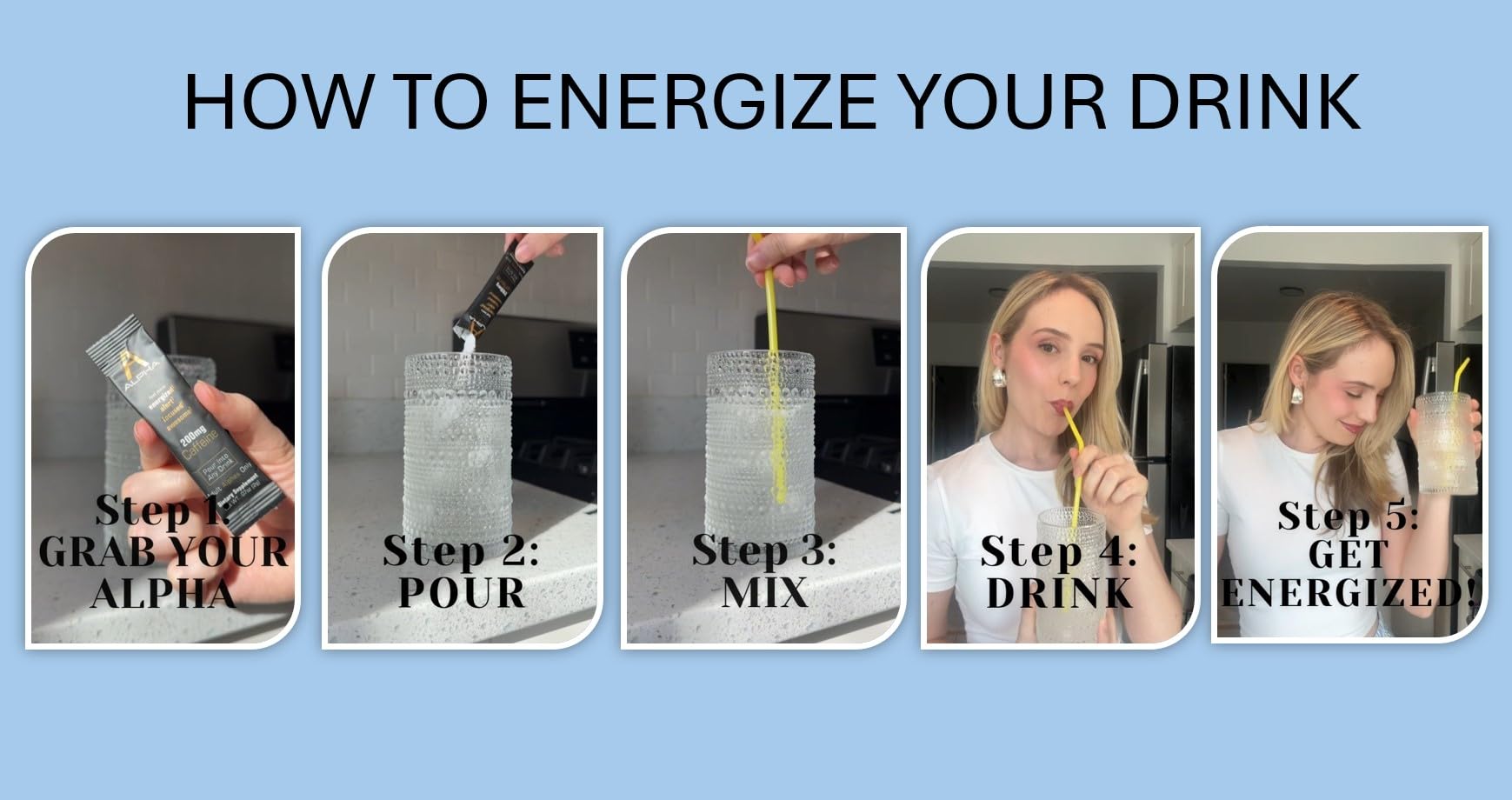 Alpha Caffeine energy-boost visual conveys quick alertness for workouts and study