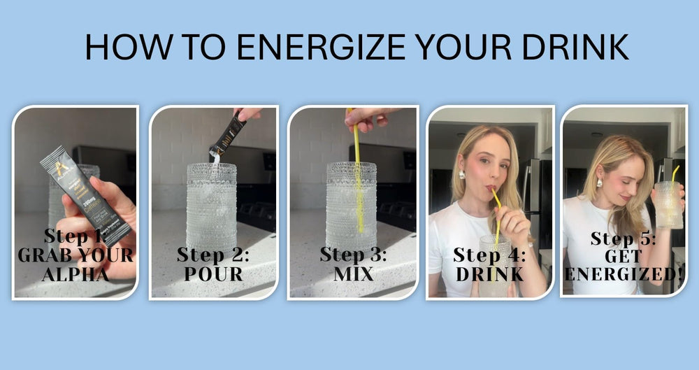 Alpha Caffeine energy-boost visual conveys quick alertness for workouts and study