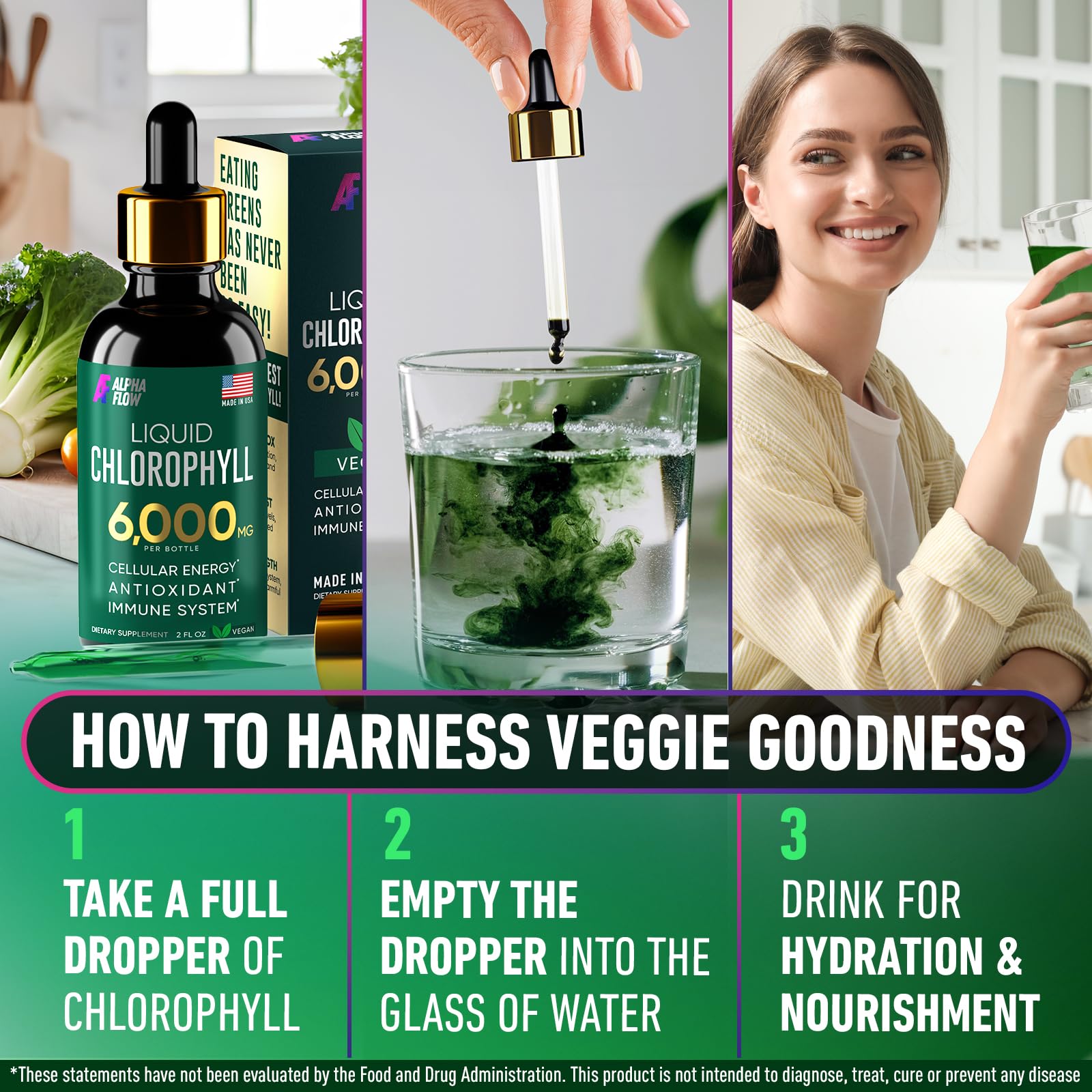 Two-bottle Alpha Flow Chlorophyll Drops packaging for convenient use.