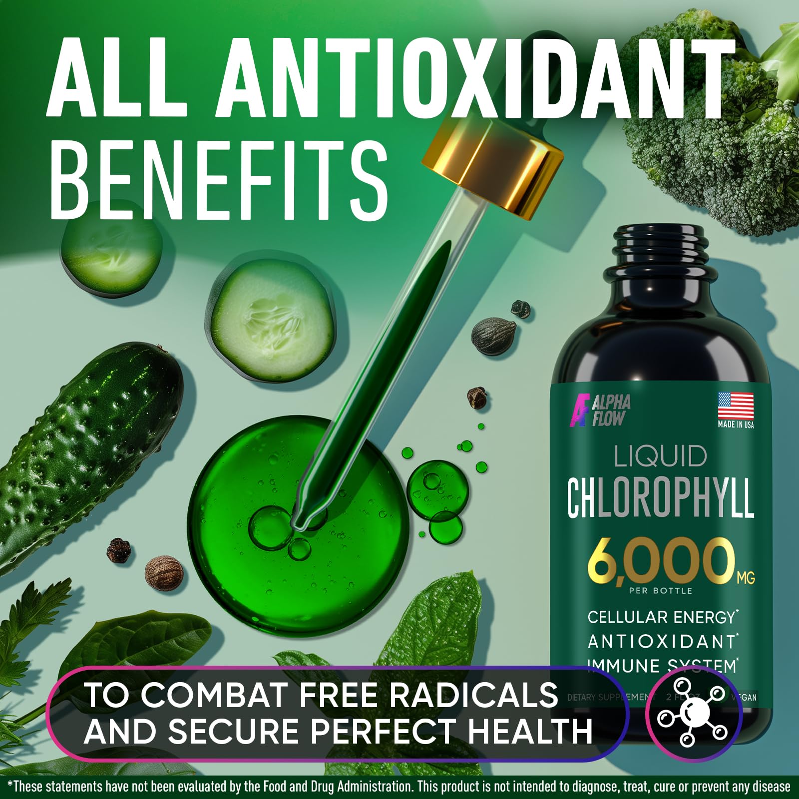US-made Alpha Flow Chlorophyll Drops label and bottle quality.
