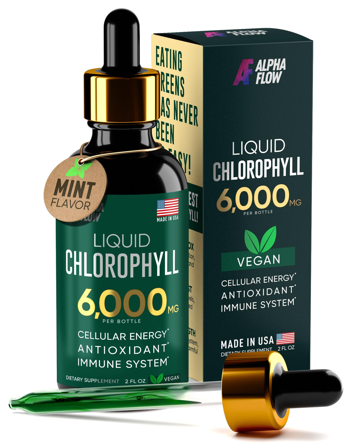 Alpha Flow Chlorophyll Drops bottle: pure greens for daily vitality.