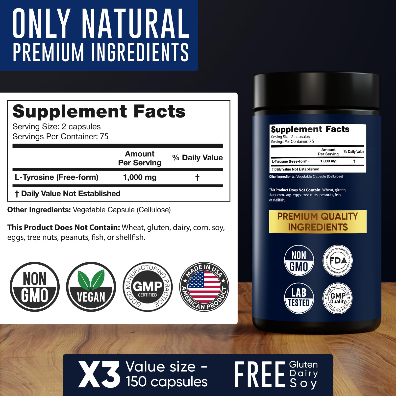 Easy-to-swallow L-Tyrosine capsules for daily use.