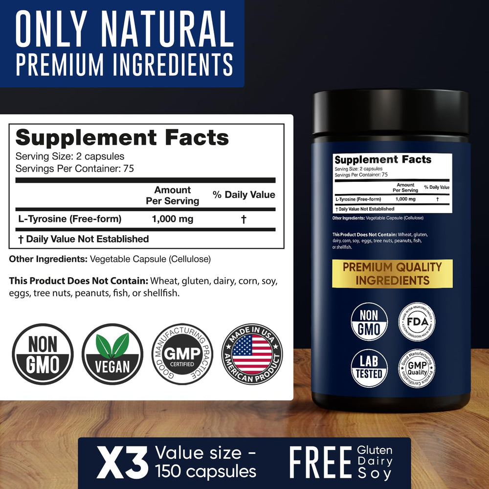 Easy-to-swallow L-Tyrosine capsules for daily use.