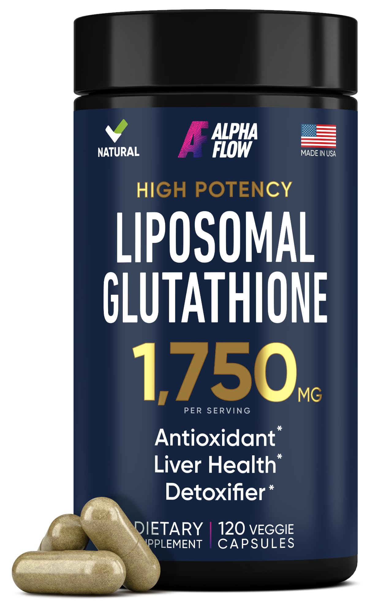 Alpha Flow Liposomal Glutathione bottle front showing packaging for detox support.