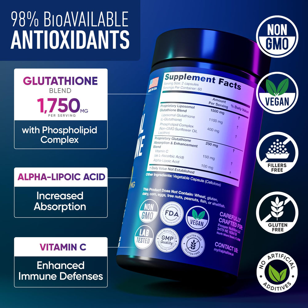 Alpha Flow Liposomal Glutathione capsules close-up highlighting easy dosing.