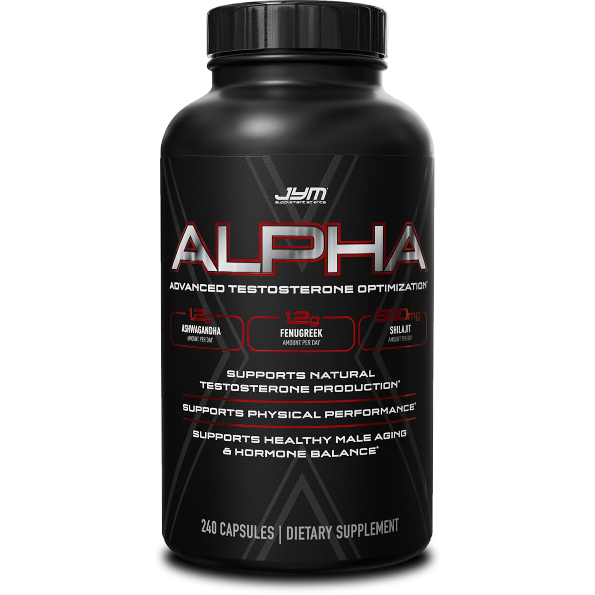 Alpha JYM X bottle front highlights a transparent formula for trusted daily dosing