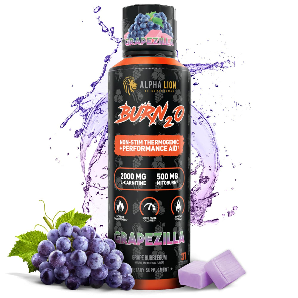 ALPHA LION Burn2O liquid bottle shown as a calorie-free metabolism booster for busy days