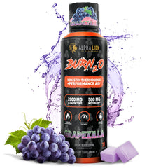 ALPHA LION Burn2O liquid bottle shown as a calorie-free metabolism booster for busy days