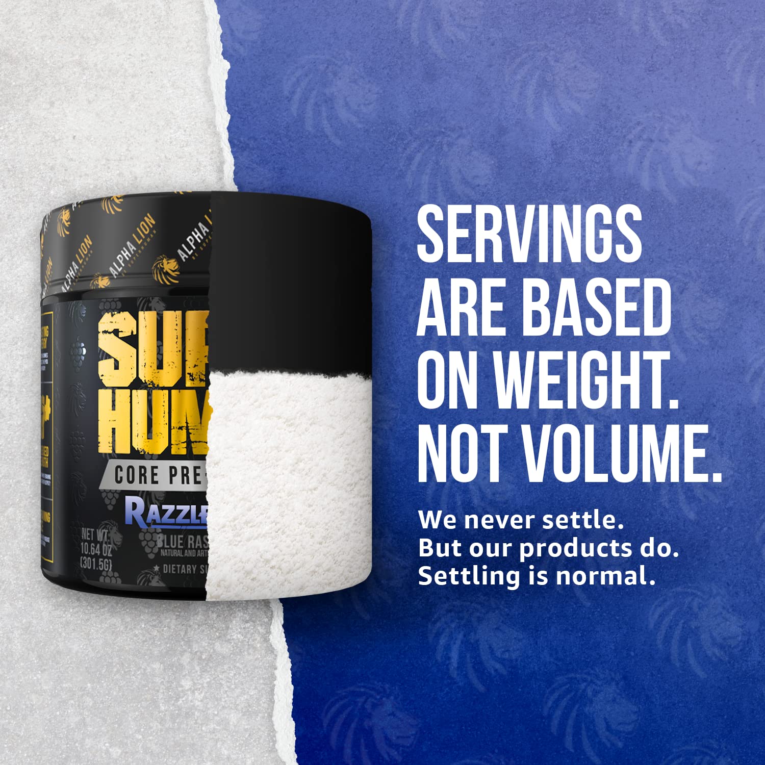 ALPHA LION Core Pre-Workout blue raspberry flavor label evokes refreshing taste