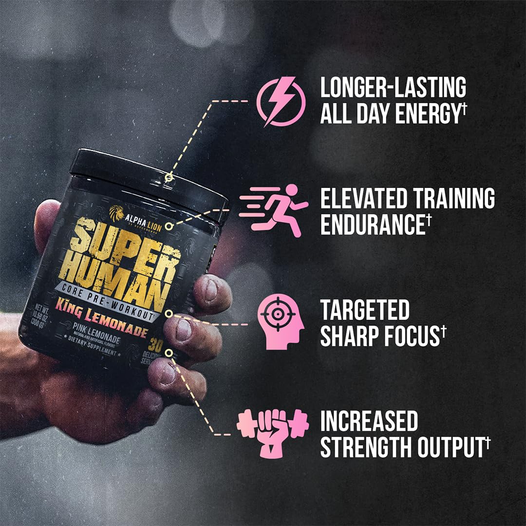 ALPHA LION Core Pre-Workout being poured into a glass for caffeine boost.