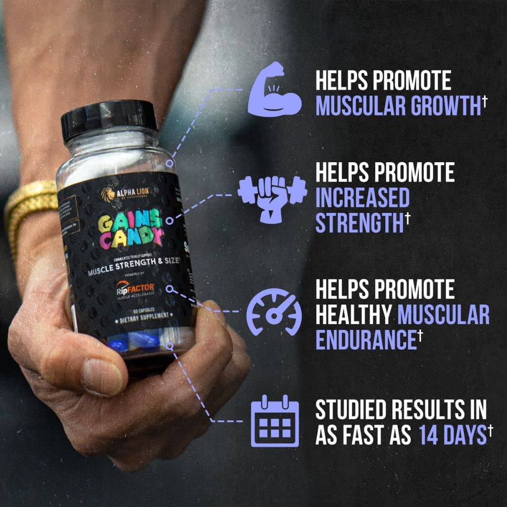ALPHA LION Gains Candy bottle back shows ingredients and benefits for endurance.
