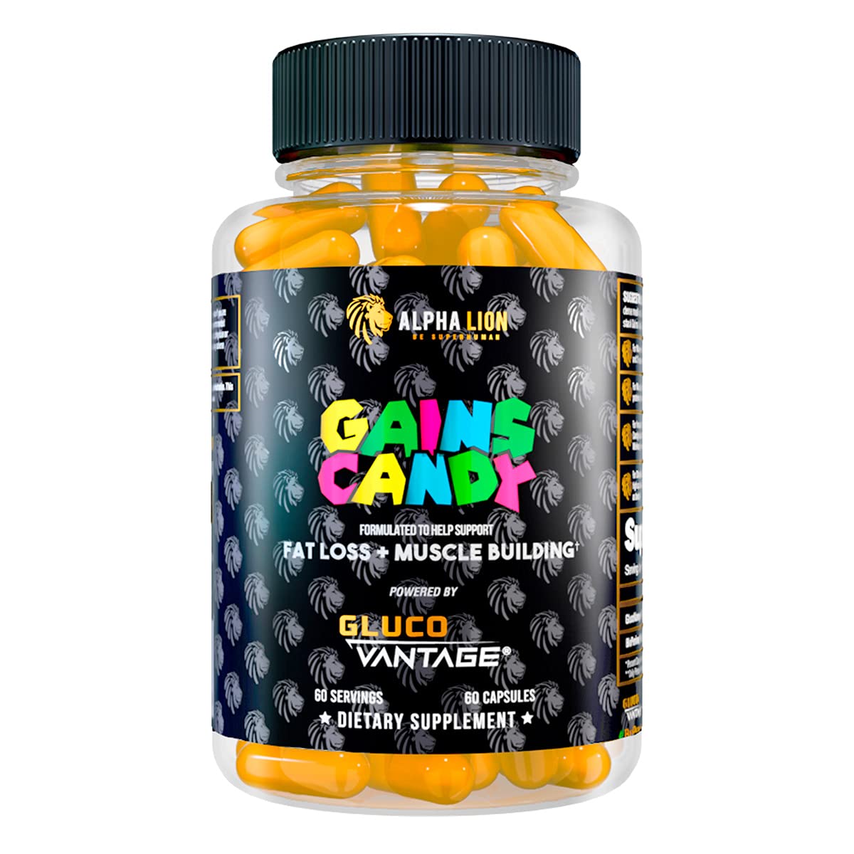 ALPHA LION Gains Candy bottle-front packaging showcasing the product for fat loss support.
