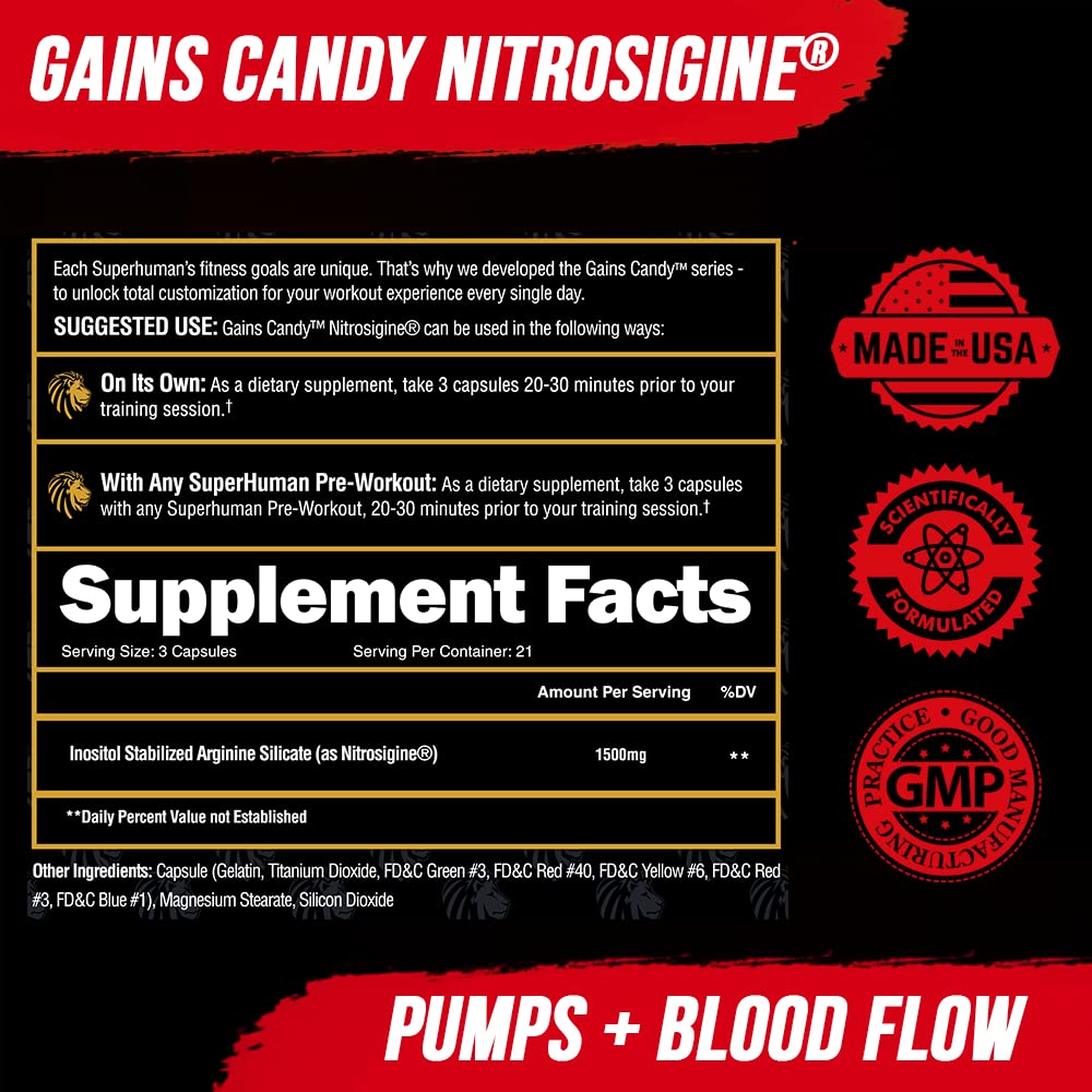 Gains Candy packaging detail emphasizes convenient capsule format.