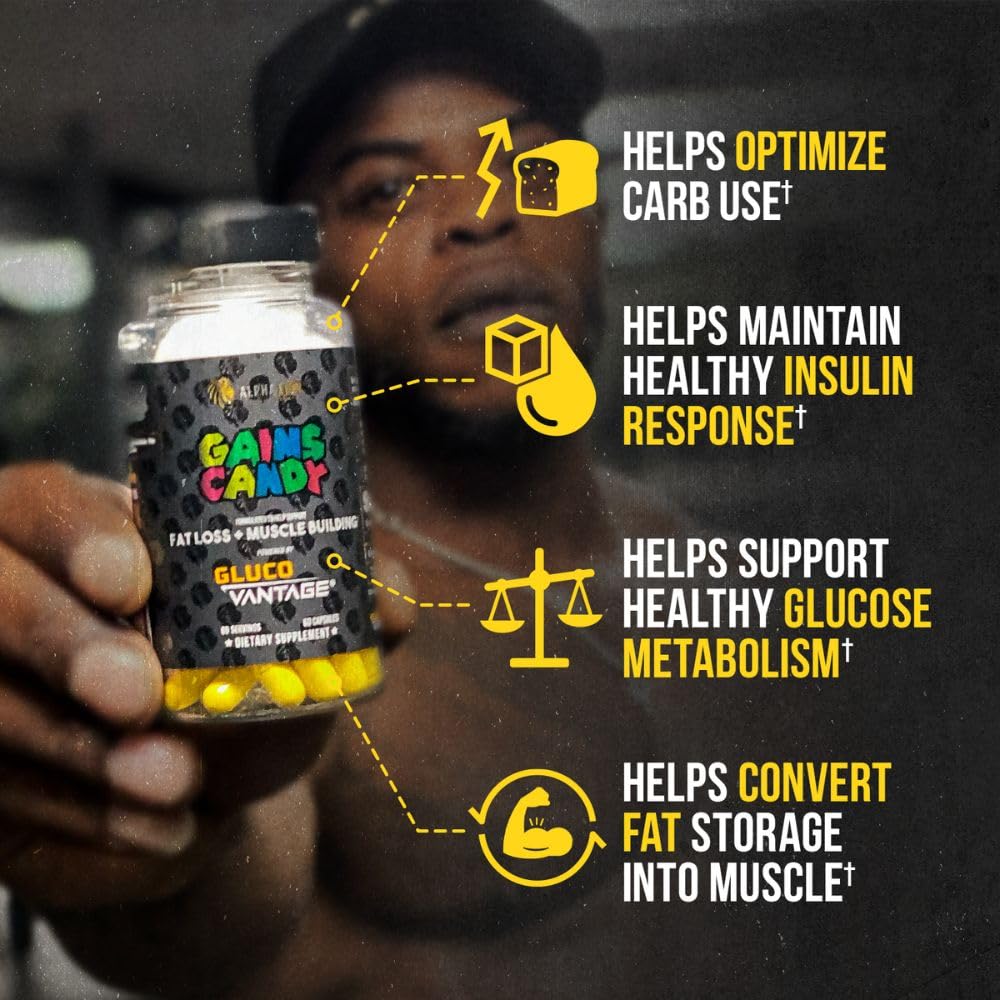 ALPHA LION Gains Candy bottle-side view with 60 capsules for daily use.