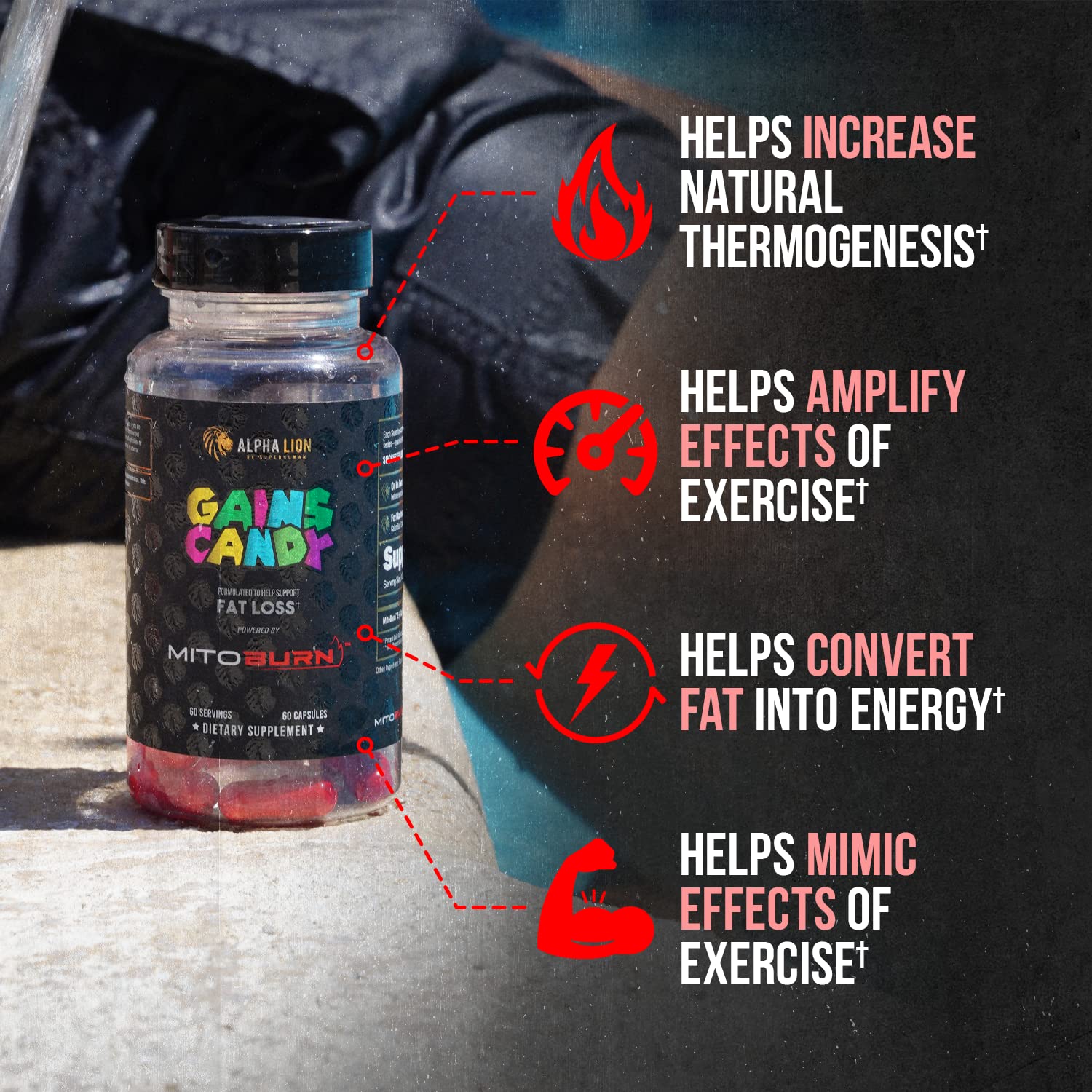 Gains Candy capsules close-up for convenient daily use.