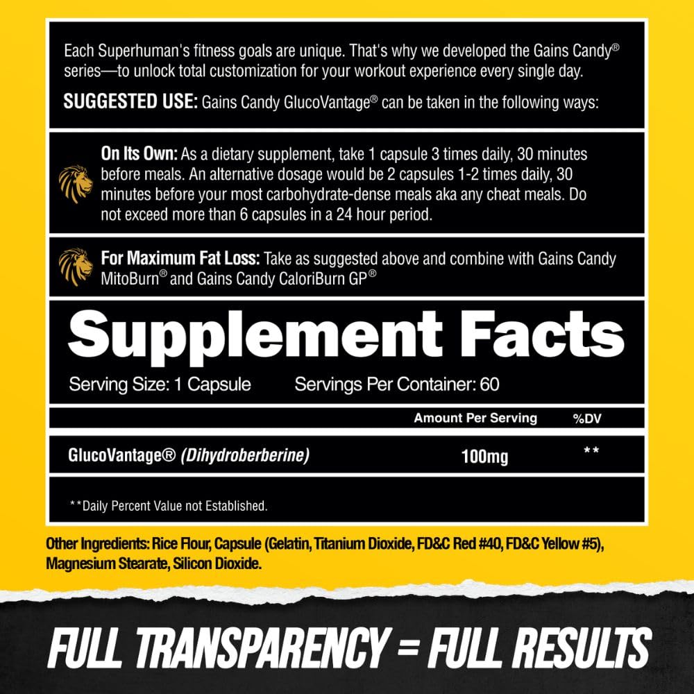 Gains Candy ingredient label featuring GlucoVantage DHB for carb management benefits.