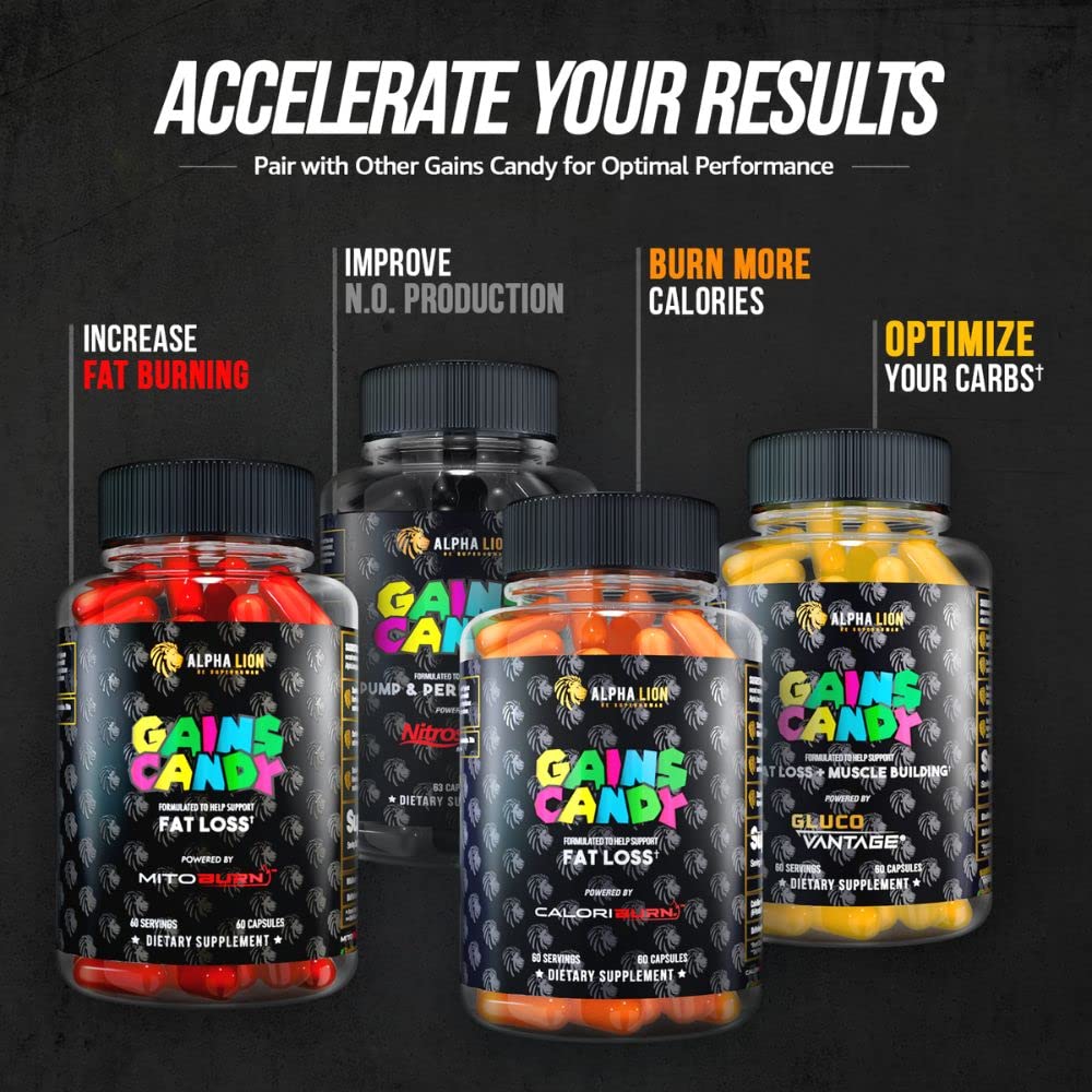 ALPHA LION Gains Candy packaging with 60 capsules conveying value and trust.