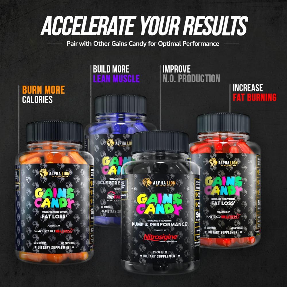 Gains Candy packaging in a gym setting emphasizing muscle support and convenience.