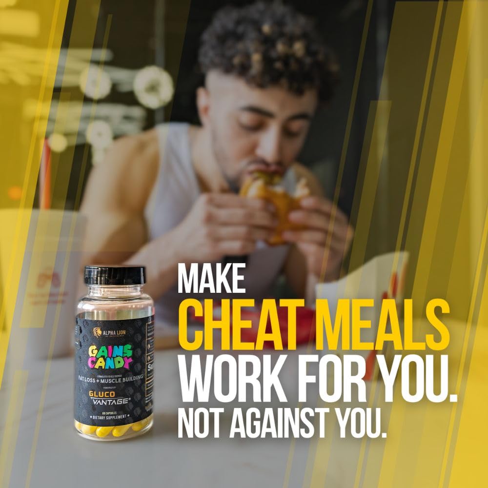 Gains Candy shown with a pre-workout carb meal scene for timing guidance.