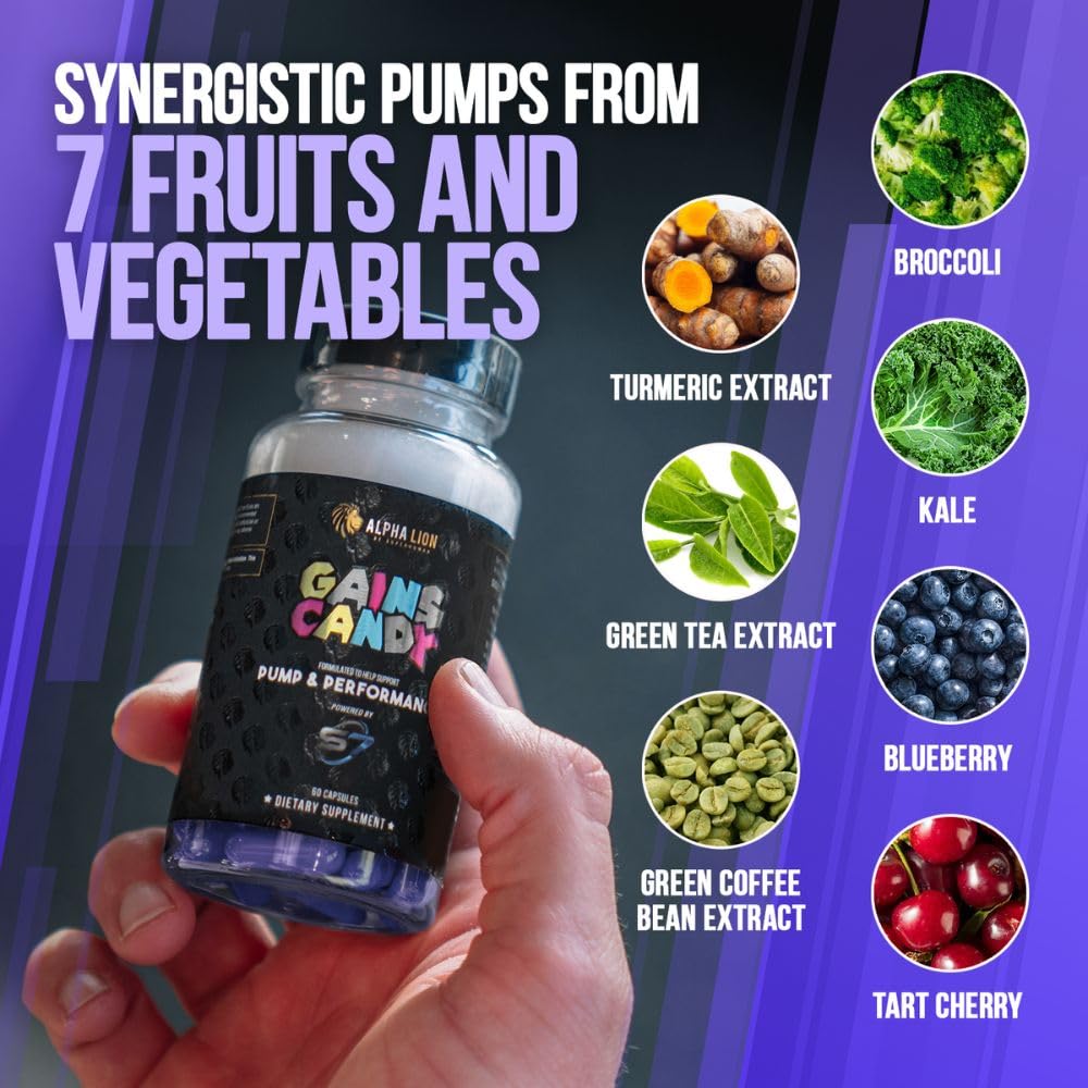 ALPHA LION Gains Candy S7 fruit vegetable blend graphic emphasizing S7 potency