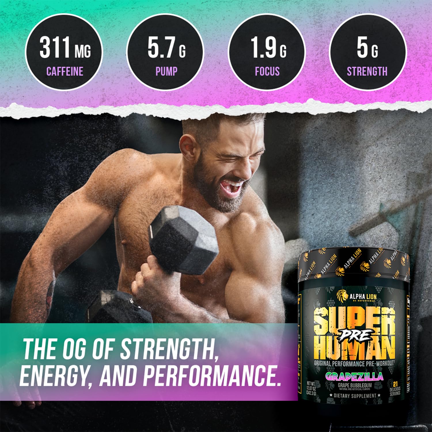 ALPHA LION Grapezilla flavor label emphasizes tasty, grape-inspired energy.