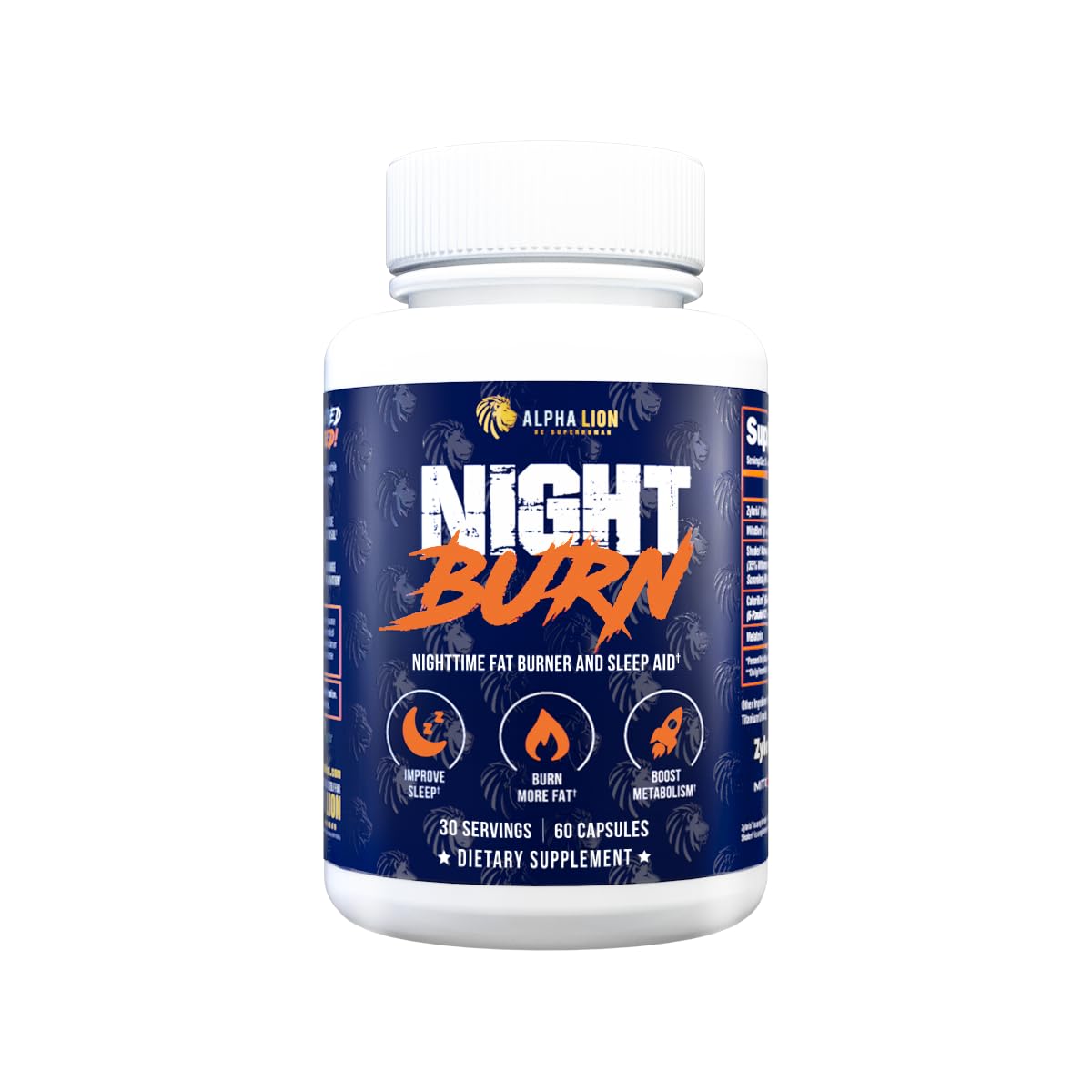 ALPHA LION Night Burn bottle—sleek packaging for nightly metabolism support.