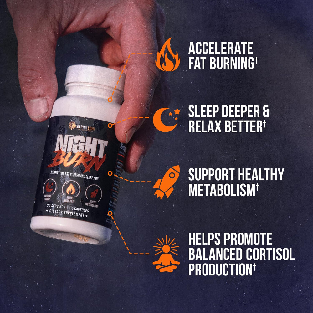 ALPHA LION Night Burn capsules—compact nightly format for easy use before bed.