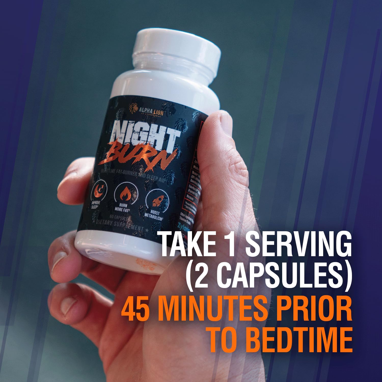 ALPHA LION Night Burn serving capsules—visible capsules ready for bedtime regimen.