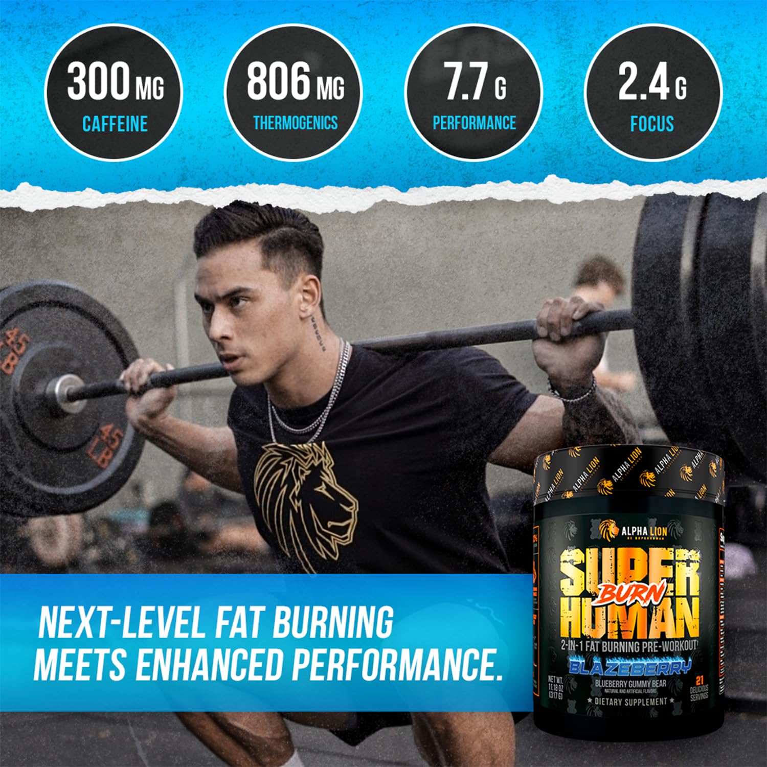 ALPHA LION Superhuman Burn blue gummy bear powder ready to mix before training