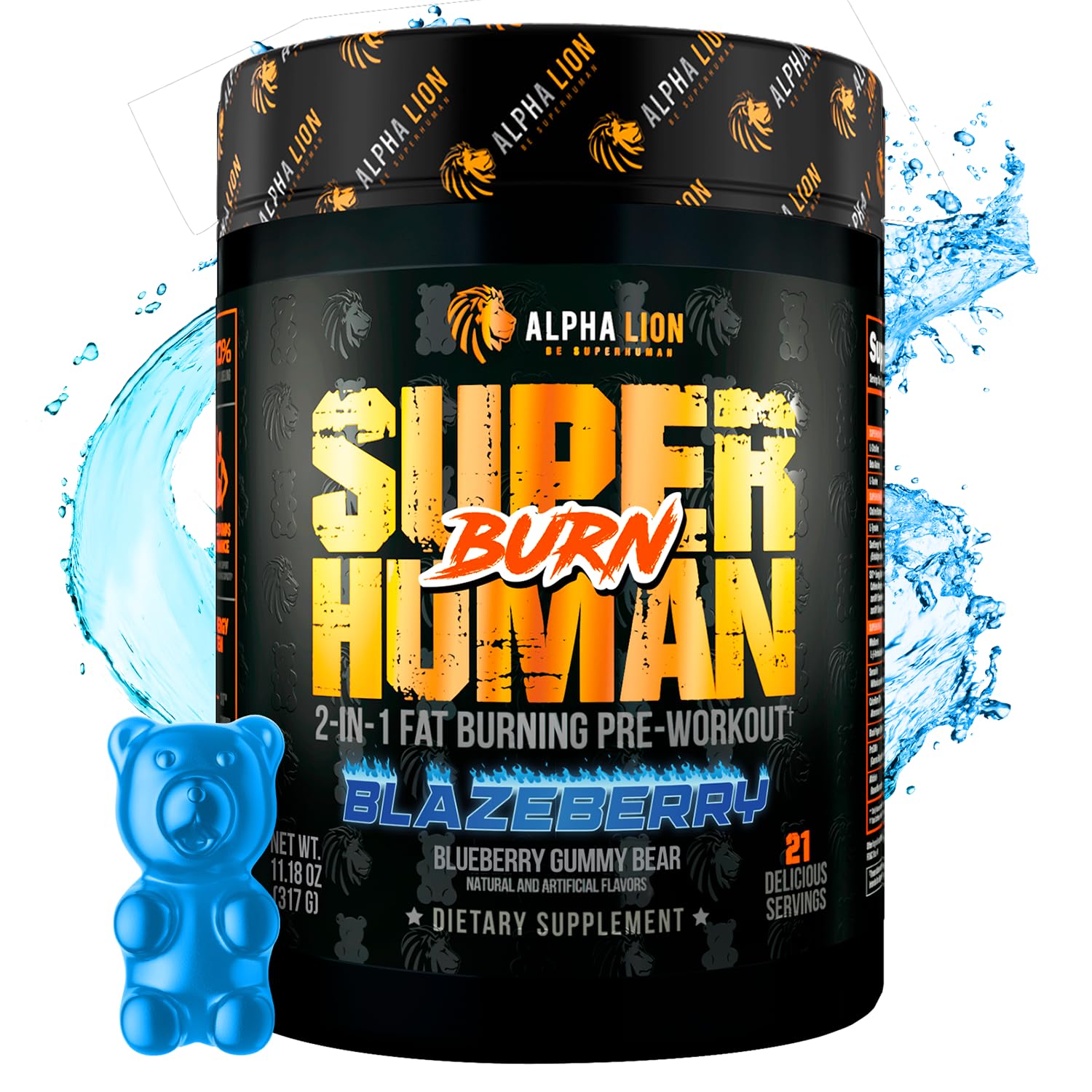 ALPHA LION Superhuman Burn bottle pouring energy for a workout