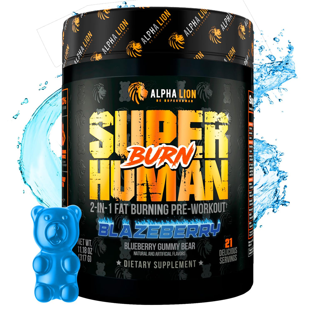 ALPHA LION Superhuman Burn bottle pouring energy for a workout