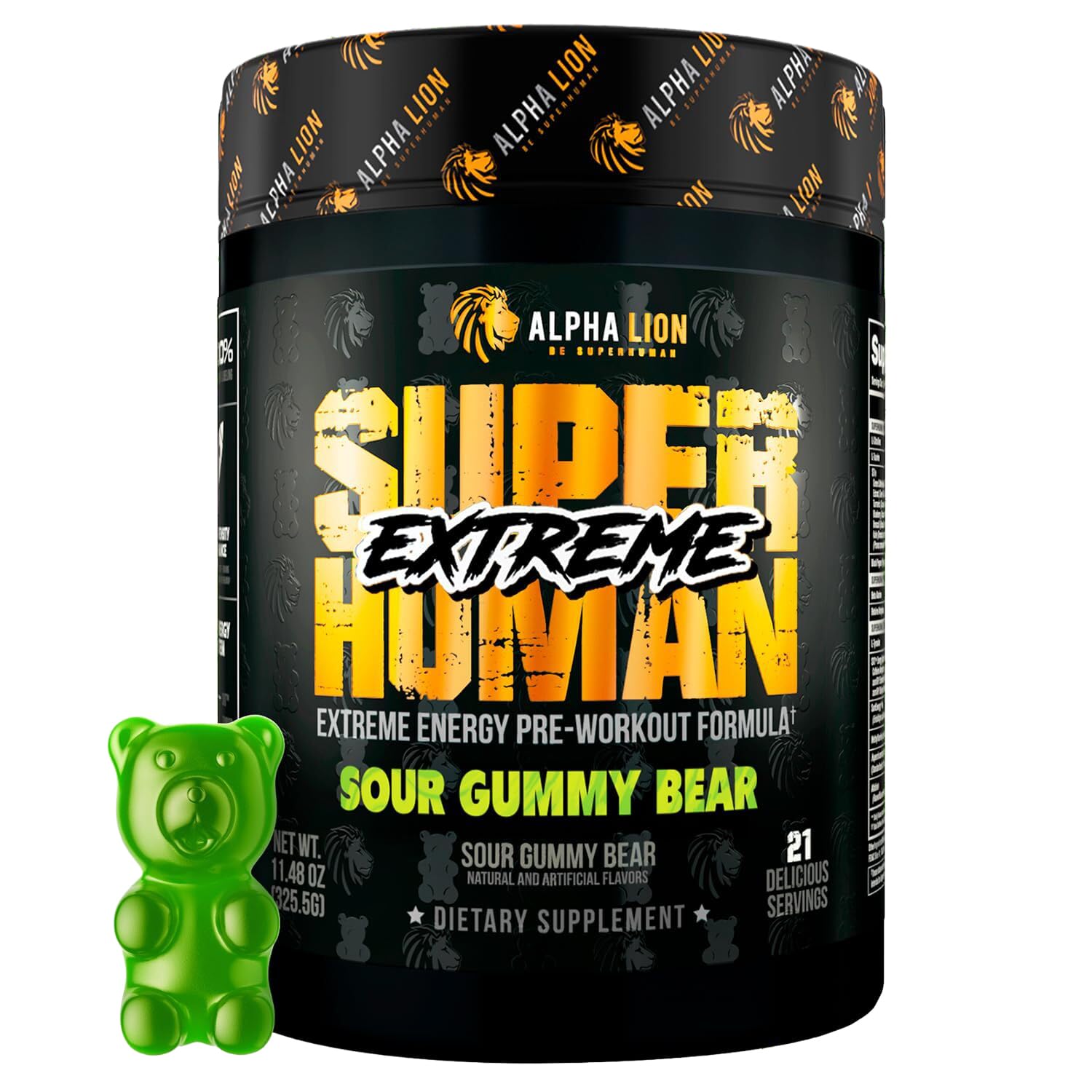 ALPHA LION Superhuman Extreme Sour Gummy Bear label emphasizes energy potential.