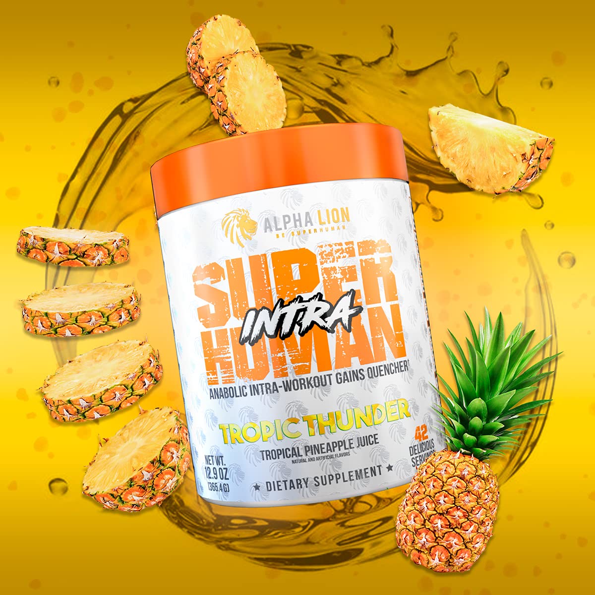 ALPHA LION Superhuman Intra bottle front with tropical pineapple flavor