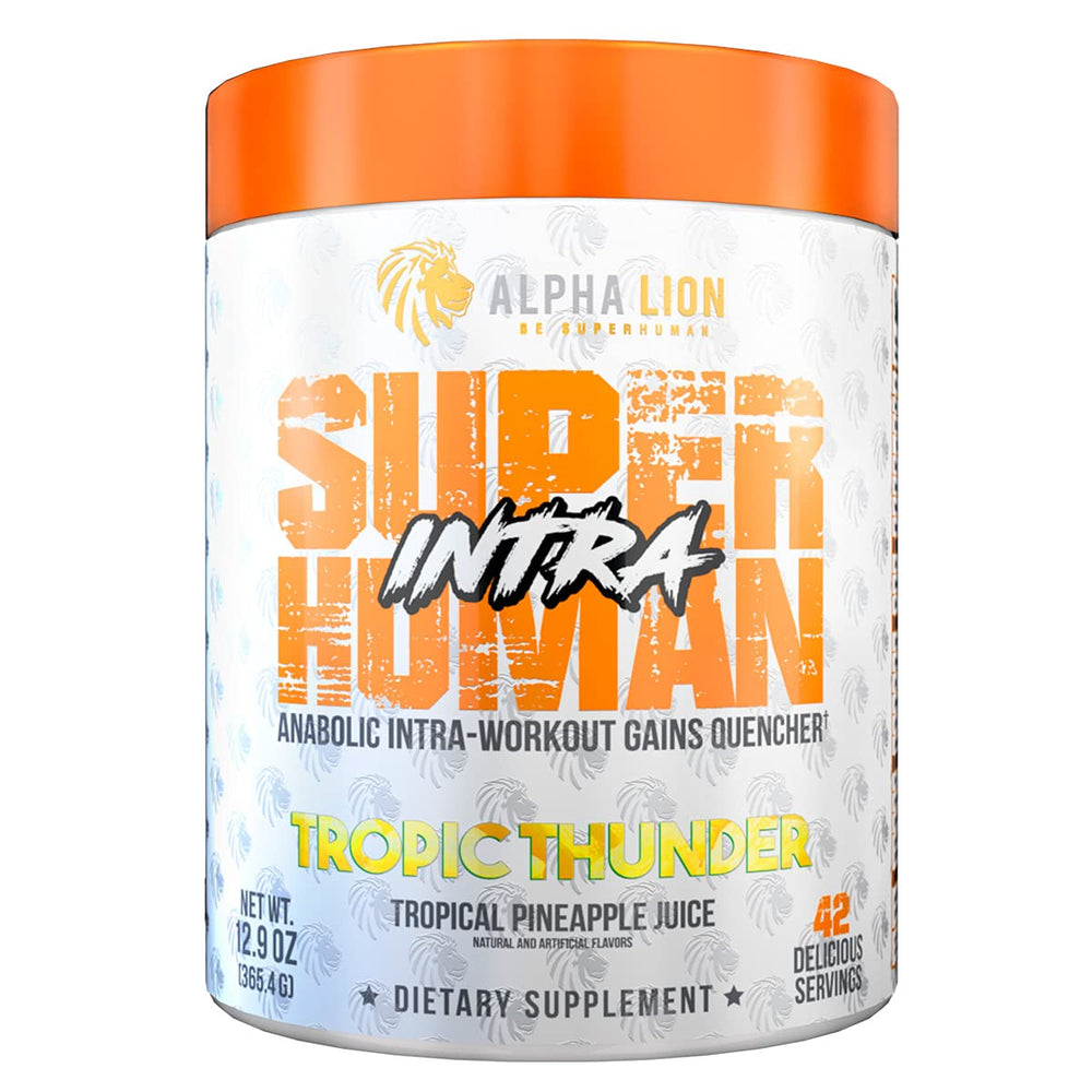 ALPHA LION Superhuman Intra powder poured into a glass for pineapple hydration during workouts