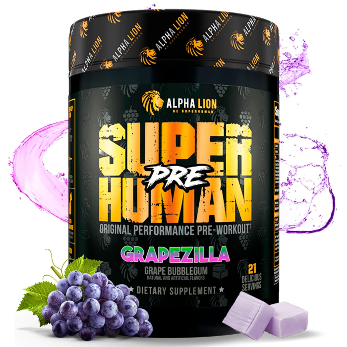 ALPHA LION Superhuman Pre Workout Grapezilla jar shows sustained energy for training.