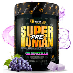ALPHA LION Superhuman Pre Workout Grapezilla jar shows sustained energy for training.