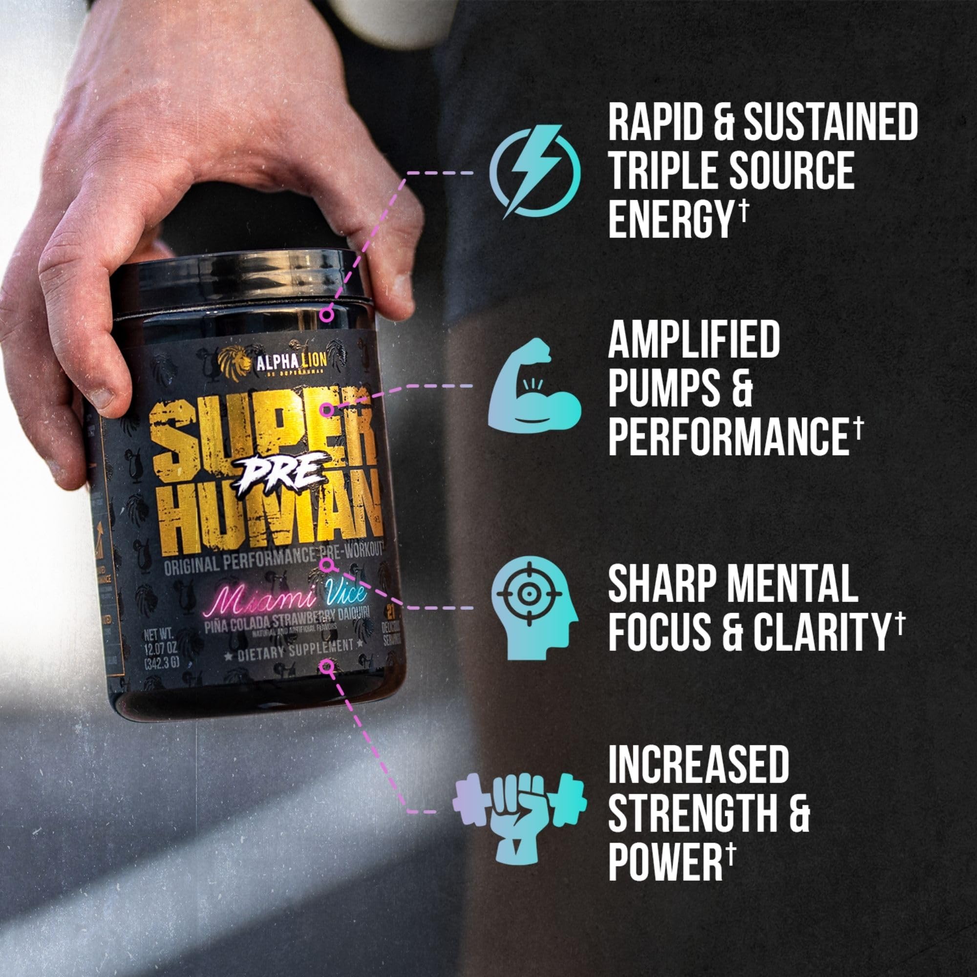 Open tub of ALPHA LION Pre Workout signaling a large serving size.