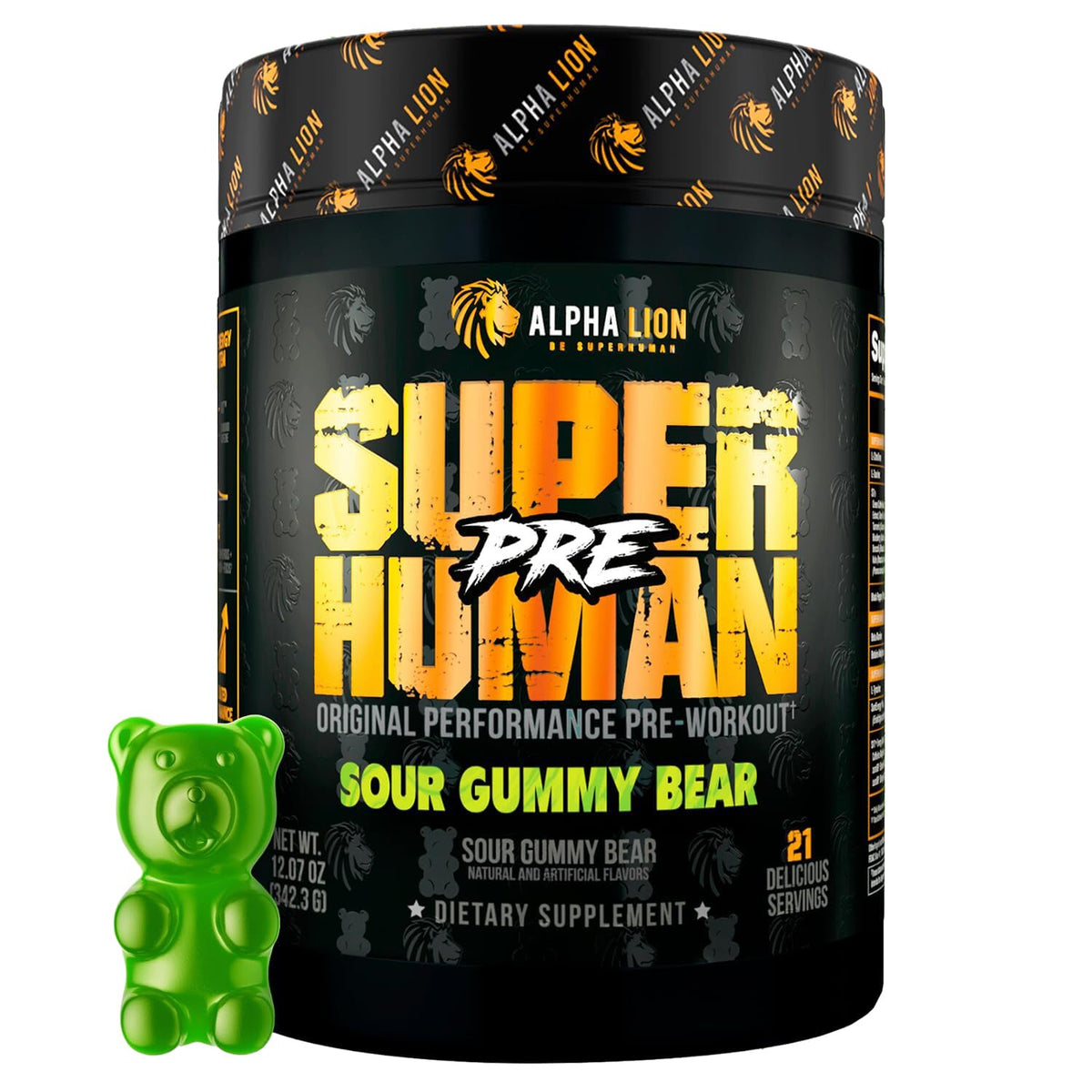 ALPHA LION Superhuman Pre Workout bottle shows bold Sour Gummy Bear flavor and energy potential