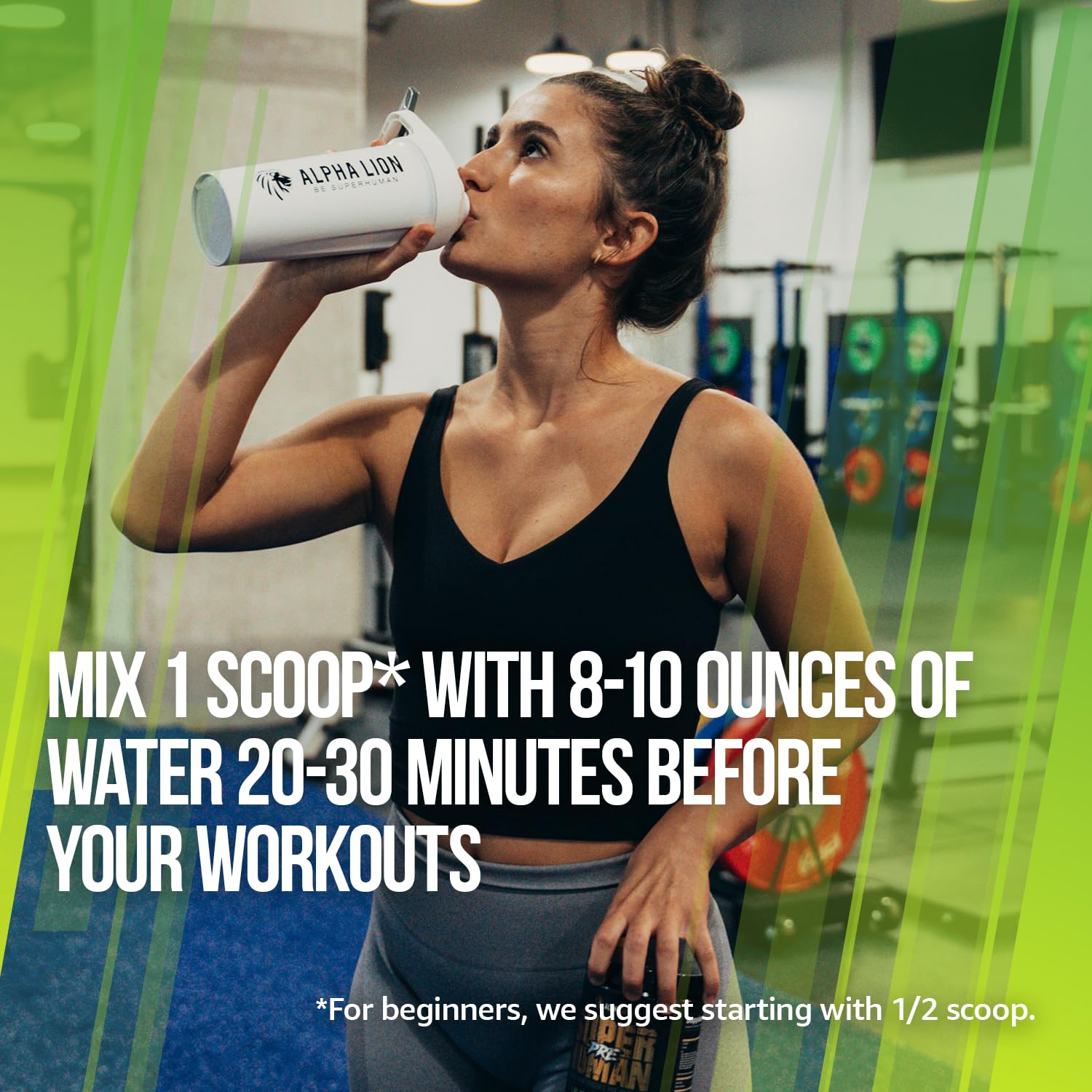 ALPHA LION scoop on gym bench ready for a dose