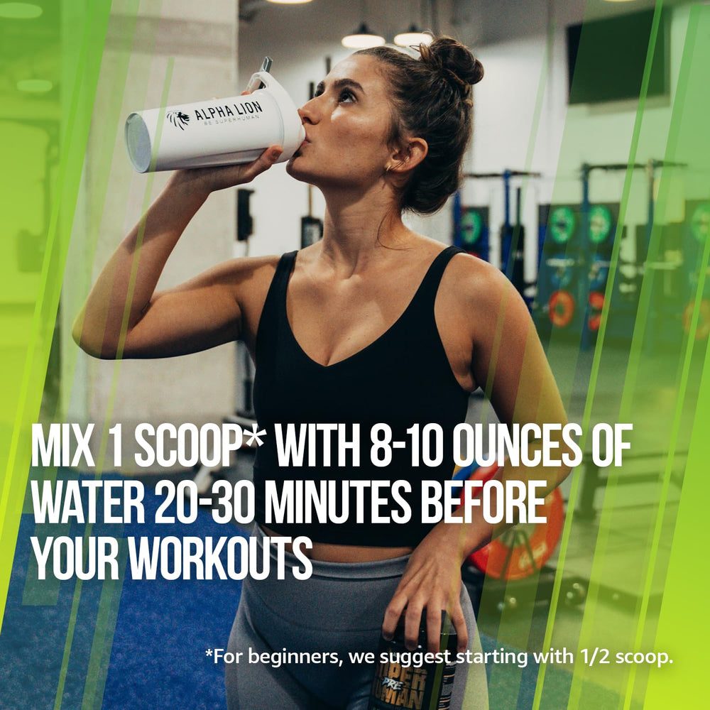 ALPHA LION scoop on gym bench ready for a dose