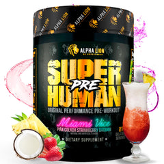 ALPHA LION Superhuman Pre Workout tub front for sustained energy during workouts.
