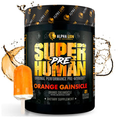 ALPHA LION Superhuman Pre Workout tub front for a high-energy training session.