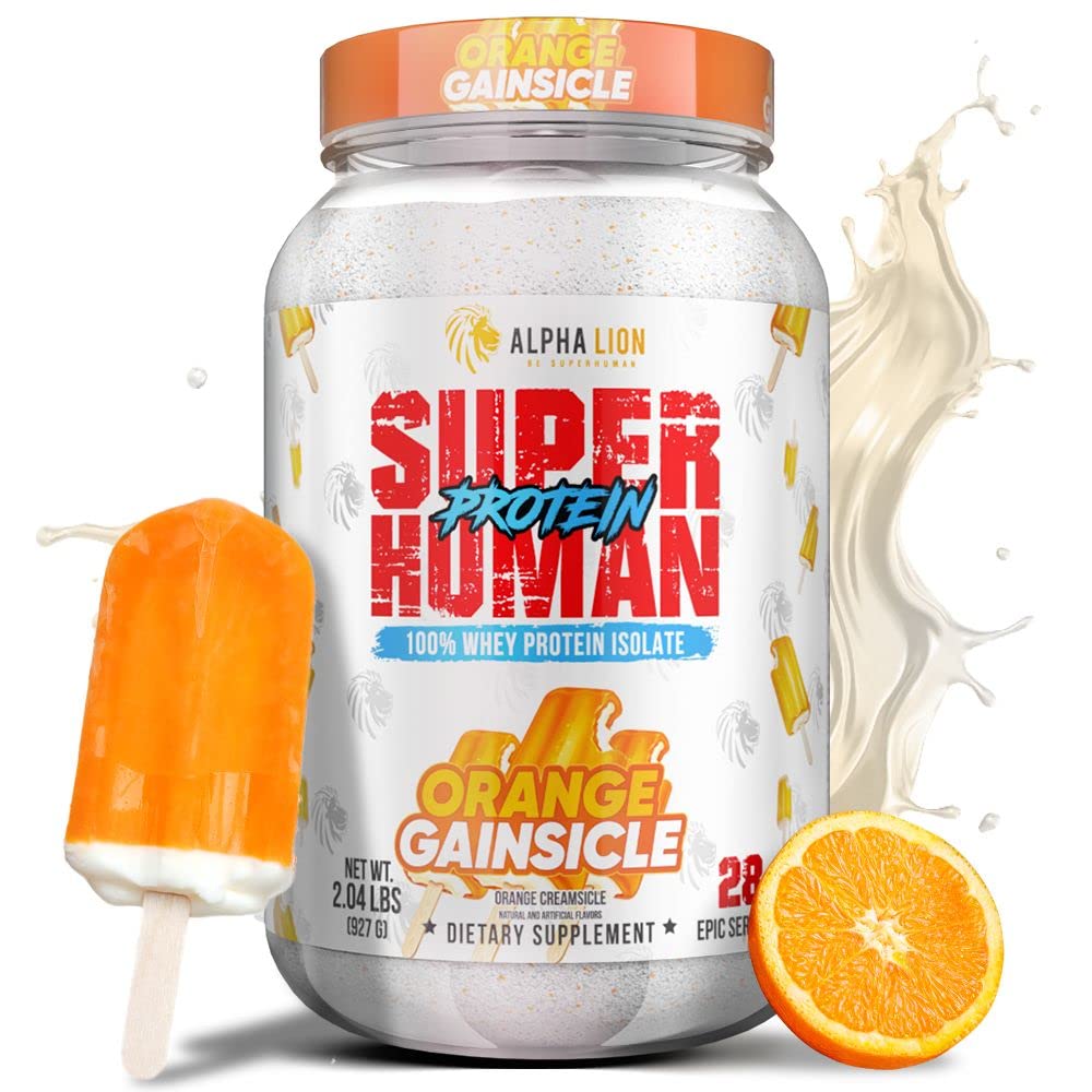 ALPHA LION Superhuman Whey Orange Gainsicle bottle for post-workout fueling