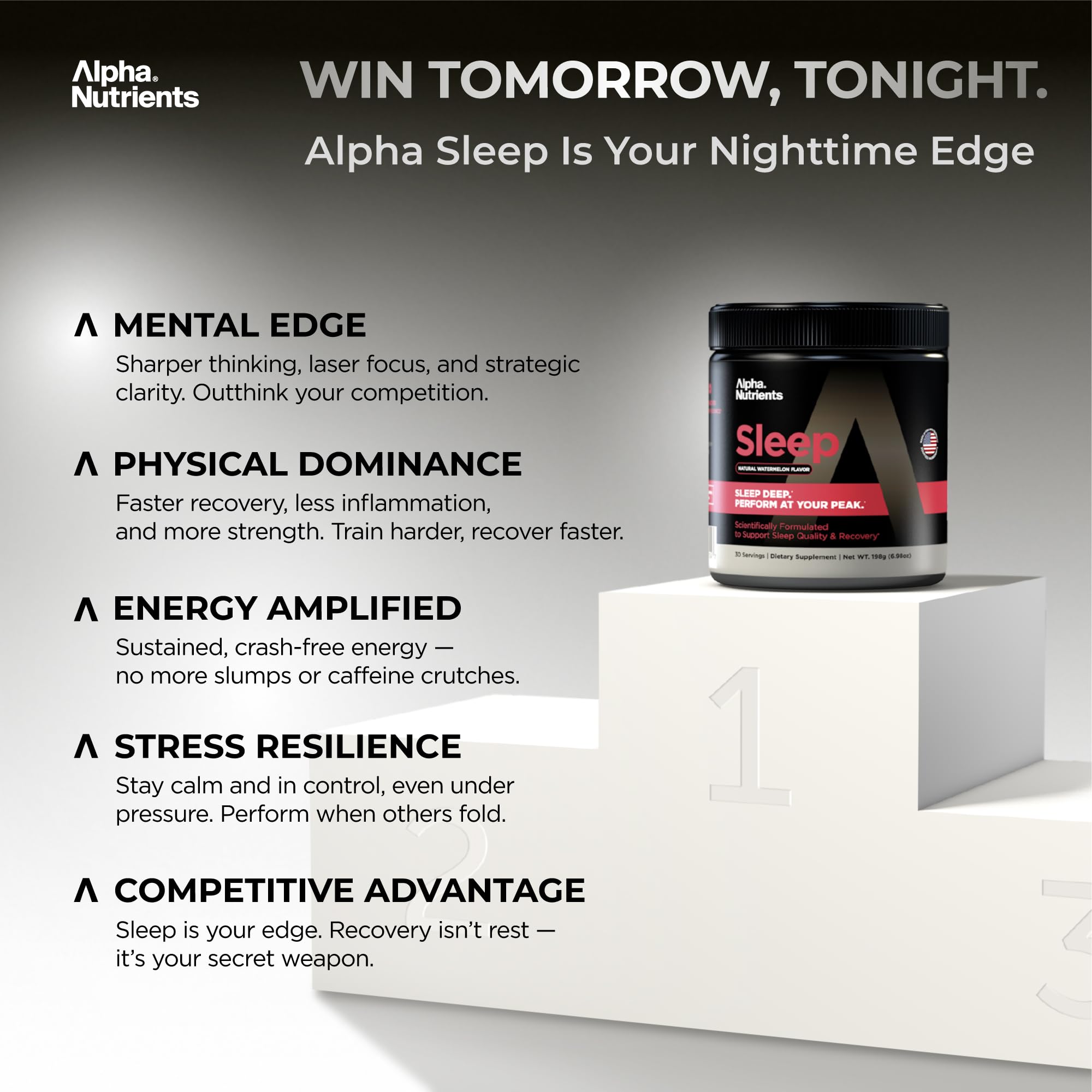 Bottled Alpha Nutrients Sleep Aid with clear dosage information on the label.