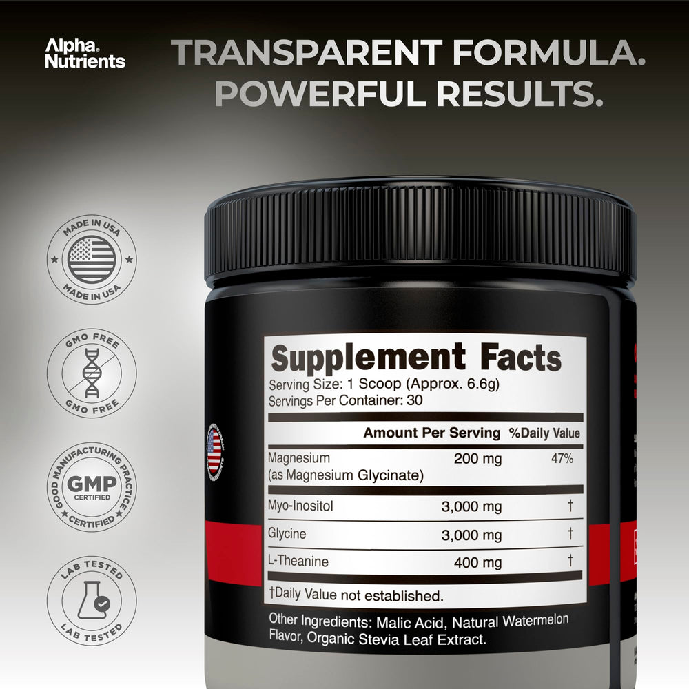 Close-up of Alpha Nutrients Sleep Aid label showing melatonin-free formula for sleep support.